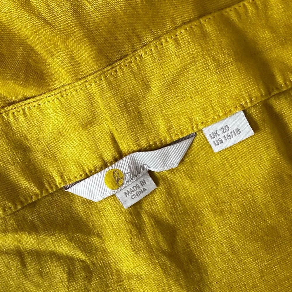 Boden Mustard Yellow 100% Linen Puff Sleeve Square Neck Blouse